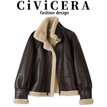 CIVICERA美拉德復古立領加絨皮衣短外套女秋冬款皮毛一體機車夾克
