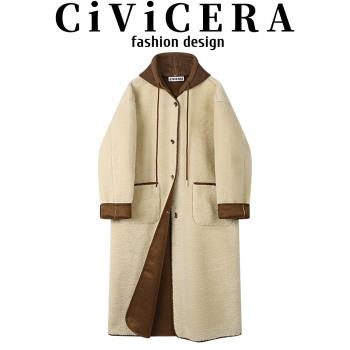 CIVICERA慵懶風羊羔毛連帽大衣女秋冬小個子休閑長款皮毛一體外套