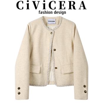 CIVICERA高階感羽絨內膽毛呢短外套女秋冬復古氣質小香風夾克上衣