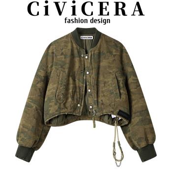 CIVICERA小個子復古工裝牛仔羽絨服女秋冬超好看迷彩服夾克短外套