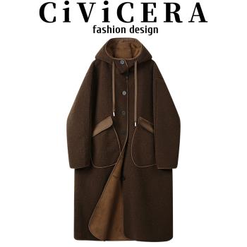 CIVICERA設計感仿皮絨羊羔毛連帽大衣女秋冬慵懶風皮毛一體長外套