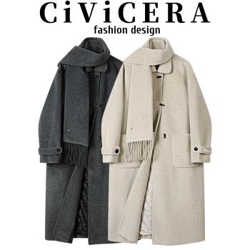 CIVICERA高階感牛角扣復古長款毛呢外套女冬夾棉加厚保暖呢子大衣