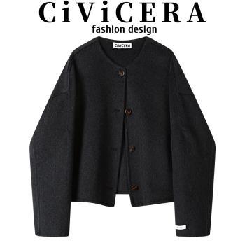 CIVICERA小個子復古氣質短款毛呢大衣女秋冬寬松百搭雙面呢短外套