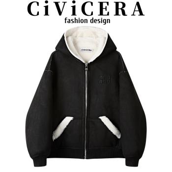 CIVICERA慵懶風休閑連帽皮毛一體短外套女秋冬加厚保暖仿皮絨上衣