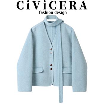CIVICERA獨特設計感短款雙面羊絨大衣女秋冬復古小香風羊毛呢外套