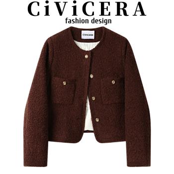 CIVICERA高階感復古紅羽絨小香風夾克上衣女秋冬氣質羊毛呢短外套
