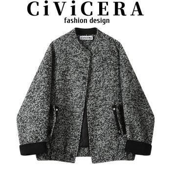 CIVICERA設計感毛呢短外套女秋冬款夾棉加厚慵懶風寬松棒球服夾克