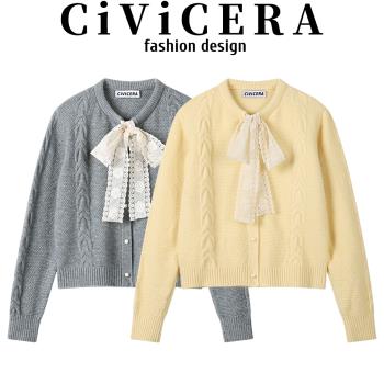 CIVICERA法式溫柔風蕾絲系帶氣質毛衣女秋季復古百搭羊毛針織上衣