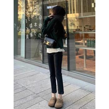 黑色煙管直筒牛仔褲女2025年春秋新款女士秋冬加絨小個子法棍褲子