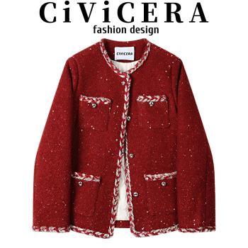 CIVICERA聖誕紅復古羽絨內膽毛呢短外套女冬季法式氣質小香風上衣
