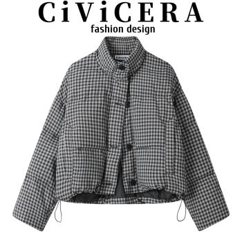 CIVICERA小個子短款立領格子羽絨服外套女冬寬松百搭白鴨絨麵包服
