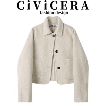 CIVICERA高階感復古氣質毛呢外套女秋冬小個子短款雙面呢夾克上衣