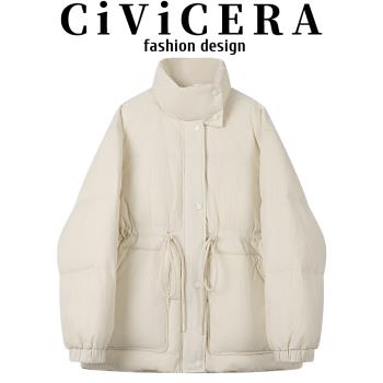CIVICERA獨特設計感系帶收腰羽絨服女冬季小個子中長款白鴨絨外套