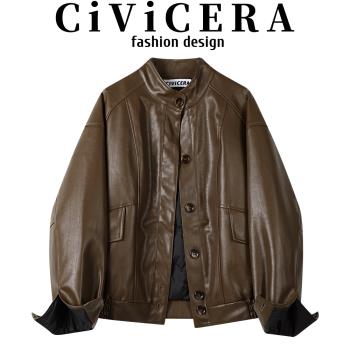 CIVICERA高階感洋氣羽絨內膽皮衣外套女冬季復古立領機車服皮夾克
