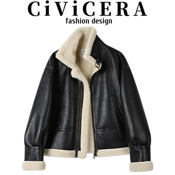 CIVICERA美式復古加絨加厚機車服皮衣女秋冬皮毛一體PU皮夾克外套