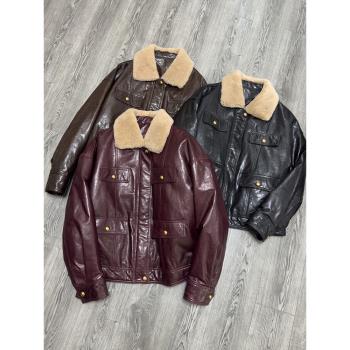 老錢風油蠟綿羊皮鵝絨服真皮皮衣女短款2024冬羊羔毛領羽絨皮外套