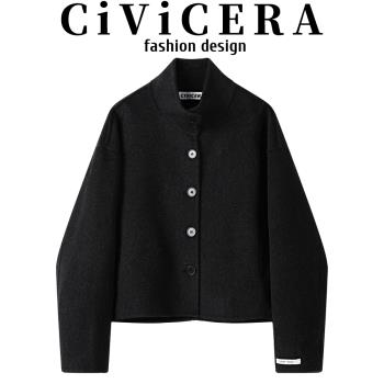 CIVICERA高階感立領復古氣質羊毛呢外套女秋冬小個子短款羊絨大衣