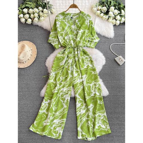 溫柔風泡泡短袖V領連衣褲休閑高腰顯瘦青瓷印花直筒闊腿褲連體褲