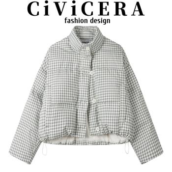 CIVICERA韓版復古短款立領格子羽絨服女秋冬慵懶風百搭白鴨絨外套