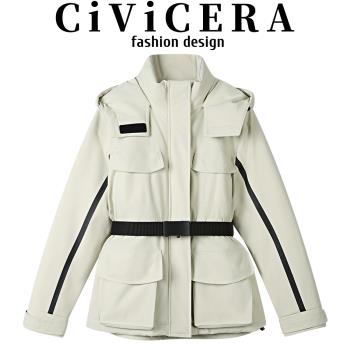 CIVICERA獨特設計感連帽羽絨服外套女冬收腰顯瘦工裝沖鋒衣派克服