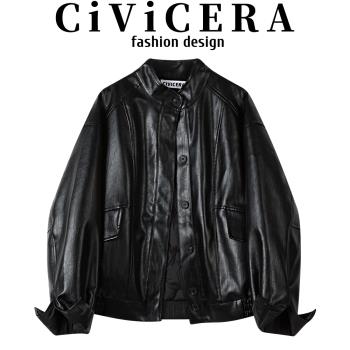 CIVICERA港風復古寬松百搭羽絨內膽皮衣女冬加厚機車服外套皮夾克