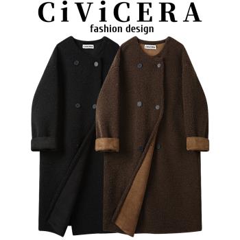 CIVICERA慵懶風羊羔絨皮毛大衣女秋冬小個子復古長款皮毛一體外套