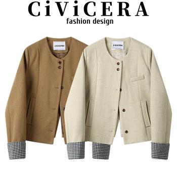 CIVICERA法式復古百搭毛呢短外套女秋冬設計感短款小香風夾克上衣