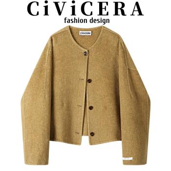 CIVICERA高階感復古雙面呢羊絨外套女冬法式復古寬松短款毛呢大衣