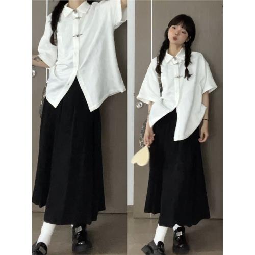 新中式國風冰絲短袖襯衫女夏季2025新款白色蝴蝶結半袖盤扣襯衣潮