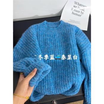 浙江嘉興濮院羊毛衫高階秋冬女裝奶huhu針織衫湖水藍色上毛衣加厚