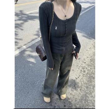 大碼胖mm辣妹風坑條刺繡長袖上衣