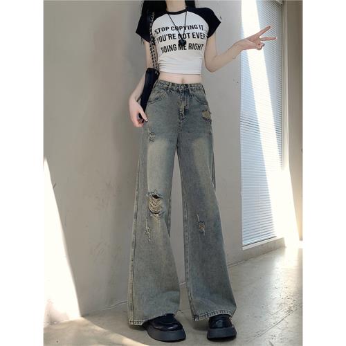破洞闊腿牛仔褲女2025春夏薄款顯瘦寬松拖地美式做舊新款直筒褲子