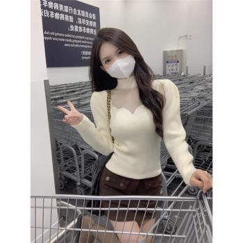 春季韓版修身別致泡泡袖性感上衣網紗拼接設計感內搭打底針織衫潮