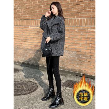 加棉加厚毛呢外套女2025春秋冬新款格子寬松中長款小個子呢子大衣