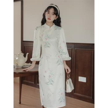 新中式改良旗袍裙女秋冬季國風女裝復古風甜美收腰顯瘦長袖連衣裙