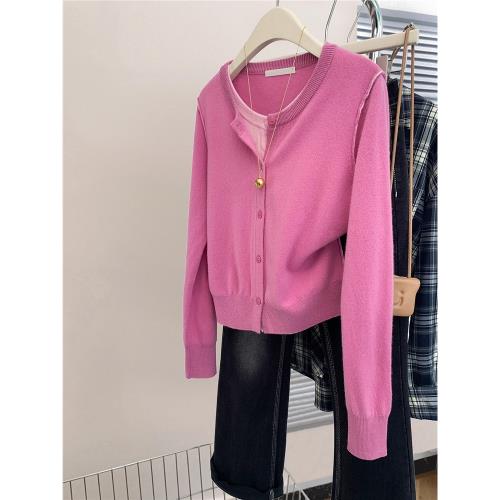 粉色假兩件羊毛針織開衫女早秋2025新款春秋軟糯短款毛衣外套上衣