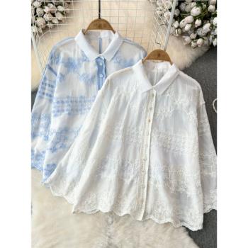 文藝刺繡長袖襯衫2024年春秋季韓版寬松休閑Polo領寬松不規則上衣