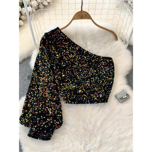 歐美時尚性感心機斜領露肩單邊袖修身短款閃閃亮片絲絨長袖上衣女