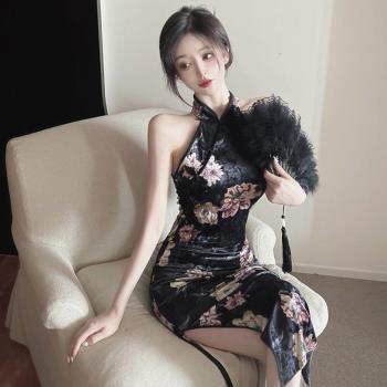 旗袍晚禮服裙輕奢小眾高階中國風性感露背改良金絲絨中長款連衣裙