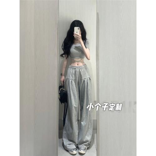 150小矮個子美式復古休閑闊腿褲女高腰直筒抽繩寬松垂感xs九分夏