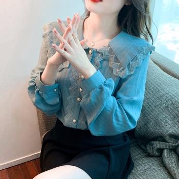 娃娃領歐貨洋氣漂亮蕾絲雪紡襯衫