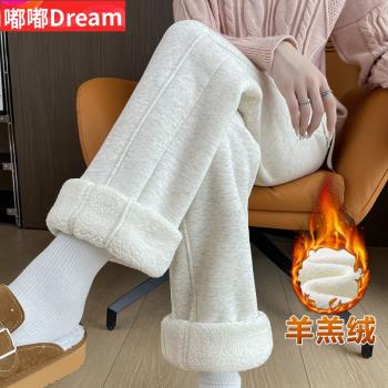 大碼女褲秋冬季加絨直筒褲女松緊腰保暖加厚羊羔絨香蕉運動衛褲