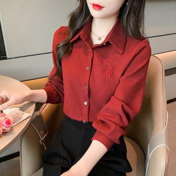 磨毛燈芯絨紅色襯衣女秋冬2025新款加厚純棉刺繡女士襯衫長袖小衫