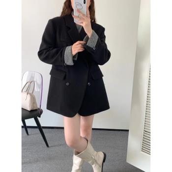 羊毛呢料雙排扣羽絨內膽西裝外套女2024秋冬季加厚保暖百搭小西服