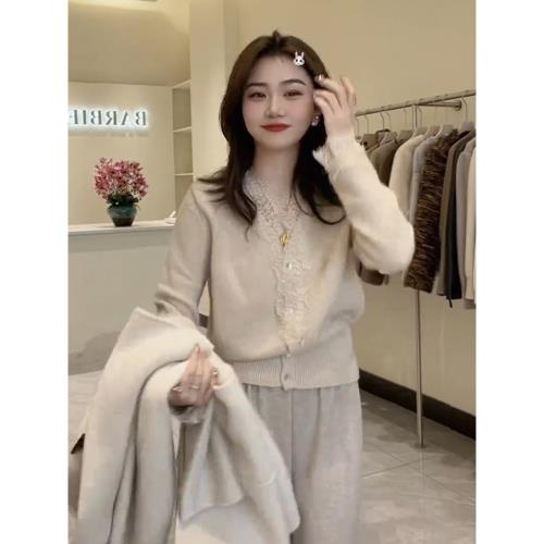 蕾絲花邊V領長袖內搭針織開衫女秋冬新款百搭氣質毛衣打底衫上衣