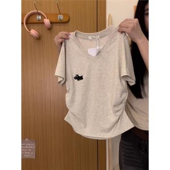 刺繡卡通V領正肩短袖T恤女日系韓系收腰掐腰顯瘦短款上衣夏季新款