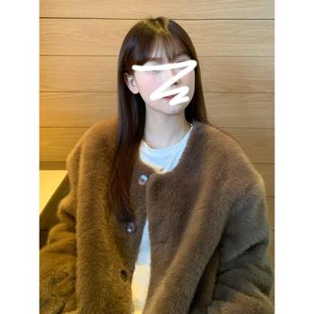 咖色仿水貂毛環保皮草加厚短款毛毛外套女春秋季2025新款寬松上衣
