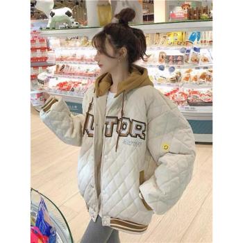 羽絨棉服女冬季少女學生加厚保暖棉衣刺繡連帽夾棉菱格棒球服外套