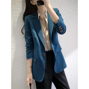 孔雀藍西裝外套女2024春秋新款時尚通勤氣質設計感一粒扣西服上衣
