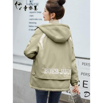 豆綠加絨加厚工裝短外套女2025冬季新款休閑百搭小個子派克服棉衣